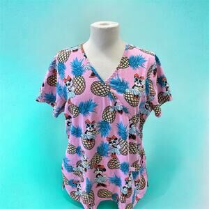 Disney Women’s Large Scrub Top Pineapple Minnie Mouse Short Sleeve Nurse Medical